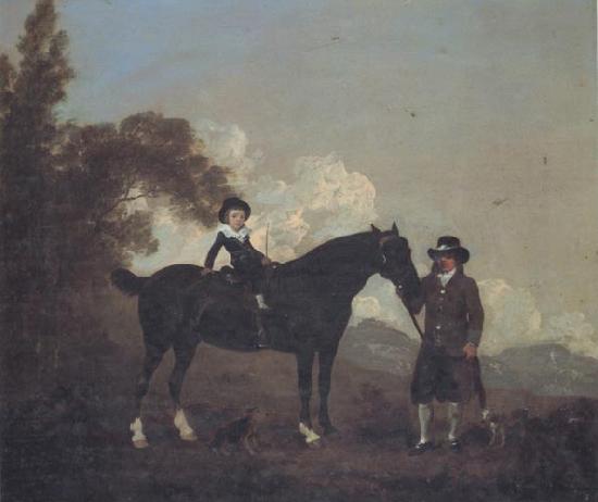 Thomas Gooch A Child on A Hunter Held by a Groom and Tow Terriers in a Landscape